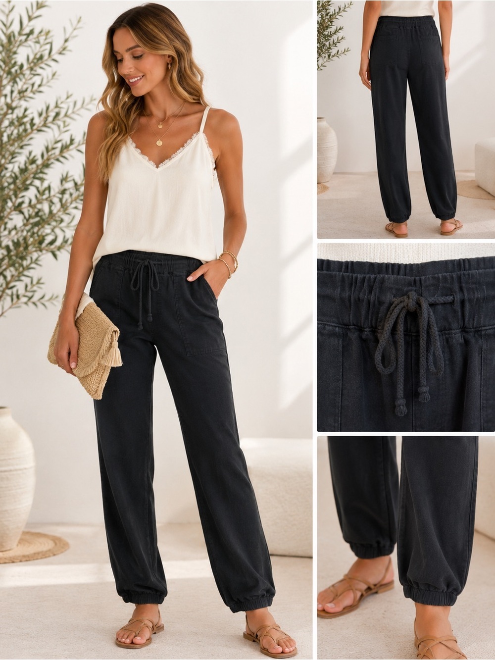 Bella Dahl Black Drawstring Jogger Pants | Soft Tencel Blend | Size M